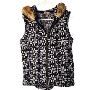 Talbots Knit Navy Snowflake Faux Fur Hooded Vest Small Petite